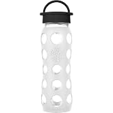 Lifefactory 22oz Glass Water Bottle with Classic Chug Cap, Optic White | Protective Silicone Sleeve, Chug Cap, Carry Handle, BPA Free, Reusable, Dishwasher Safe