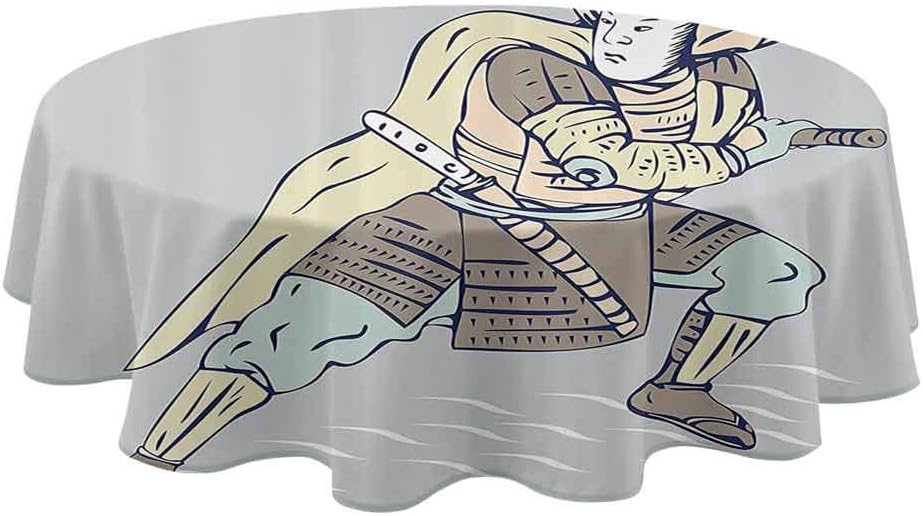 shirlyhome Japanese Table Cloth for Picnic Tables Samurai Warrior Drawing Sword Fighter Theme Illustration Textured Tablecloths Baby Blue Chocolate Baby Pink (Diameter 36")