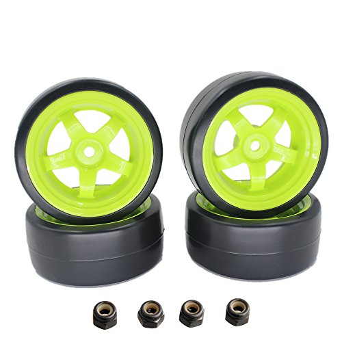 Hard Plastic 26mm RC Drift Car Tires & Wheel Rims Green 12mm Hex For 1/10th Model (Pack of 4)