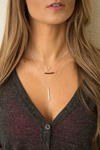 Small Dainty Layering Necklace Set of 4, Gemstone Bar and Triangle Multi Layer Necklace