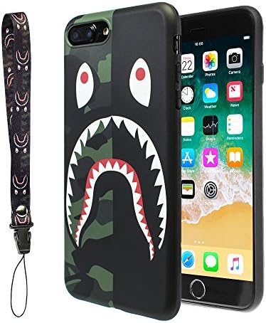 iPhone 7/8 Plus Shark Face Case Street Fashion Flexible Durable Designer Protective TPU Cover/Bumper/Skin/Cushion with Wrist Strap only for 5.5" iPhone 7 Plus/8 Plus (Half Camo)