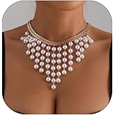 Pearl Tassel Chain Necklace for Women Layered Pearl Cluster Beaded Choker Necklace Pearls Sweater Chain Statement Necklaces Jewelry Accessories