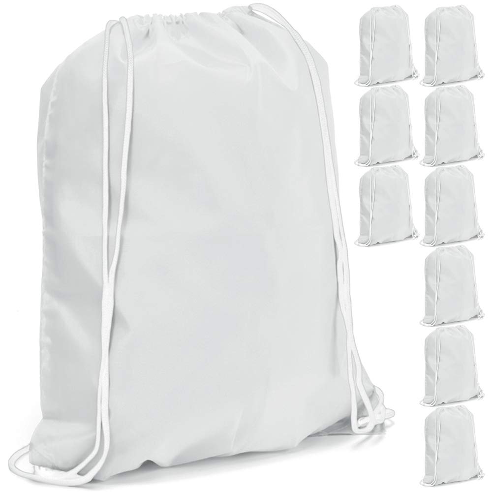 eBuyGB Pack of 10 Plain Polyester Drawstring Backpack, Gym Rucksack, School Sport Bag, PE Kit, Book Bag - Ideal for Printing, Cameo, Heat Transfer Vinyl (White),34 x 42 cm