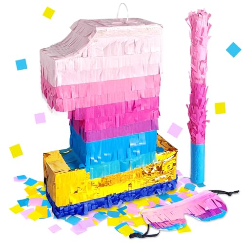 Number 1 Pinata for Birthday Party Supplies Pink & Blue Number Pinata with Stick and Blindfold for Girls & Boys 1st Birthday Party Decoration, Small Pinata Birthday Party Supplies