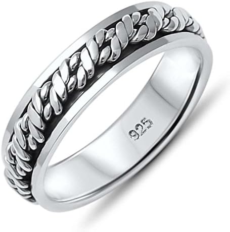 Rope Design Spinning Mens Engagement Wedding Band 5mm Ring .925 Sterling Silver Size 11