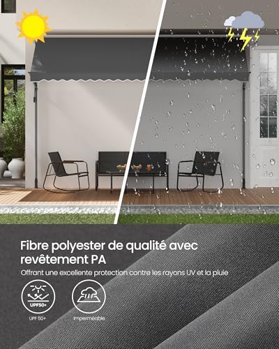 SONGMICS GSA402G02 Retractable Awning Manual Awning Height Adjustable with Crank for Balcony, Garden, Terrace, 400 x 180 cm, Charcoal Grey
