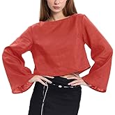 Amazhiyu Women's 100% Linen Long Sleeve Crop Top High Boat Neck Casual Blouse