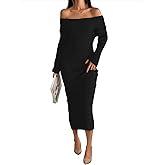 LILLUSORY Women Fall Off The Shoulder Baby Shower Midi Sweater Dress Wedding Guest Long Sleeve Bodycon Date Night Outfit