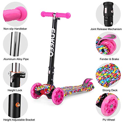 ENKEEO Kick Scooter for Kids with LED Flashing Wheels, Lean to Steer, with 3-level Height Adjustable Handlebar and Extra Wide Deck, Fun Outdoor Toy for Children from 3 to 11 Years Old (Candy) - Thumbnail 5