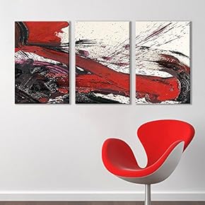 3 Panel Canvas Wall Art - Black and Red Abstract Splattered Brush Stroke - Giclee Print Gallery Wrap Modern Home Art Ready to Hang - 16"x24" x 3 Panels