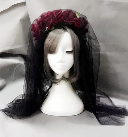 Qhome Gothic Headdress Roses Headband Beauty Horror Halloween Spiritual Love Black Veil Lace Retro Hair Accessories Vintage