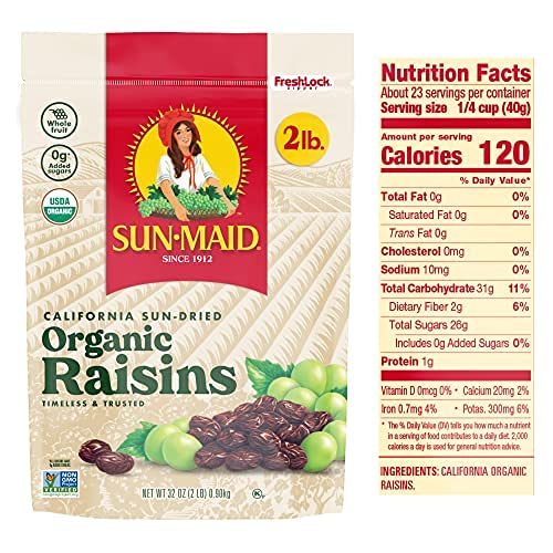 SUN-MAID ORGANIC CALIFORNIA SUN-DRIED RAISINS – (2 PACK) 32 OZ RESEALABLE BAG – ORGANIC DRIED FRUIT SNACK FOR LUNCHES, SNACKS, AND NATURAL SWEETENERS