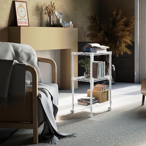 M MZG Metal Shelving Unit with 3 Levels Lockable Wheels, Load Capacity 340 kg, Adjustable Shelves for Kitchen, Bathroom, Pantry and Office, Study, White, 30 x 45 x 75 cm