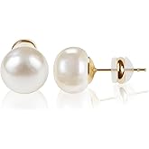 Pearl Stud Earrings 14K Plated Gold Sterling Silver Hypoallergenic Earring Stud Flat Round Large Size Pearl Earrings for Women