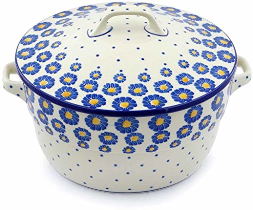Click Here to See More Images Polish Pottery 8-inch Baker with Cover with Handles made by Ceramika Artystyczna (Wreath Of Blue Theme) + Certificate of Authenticity