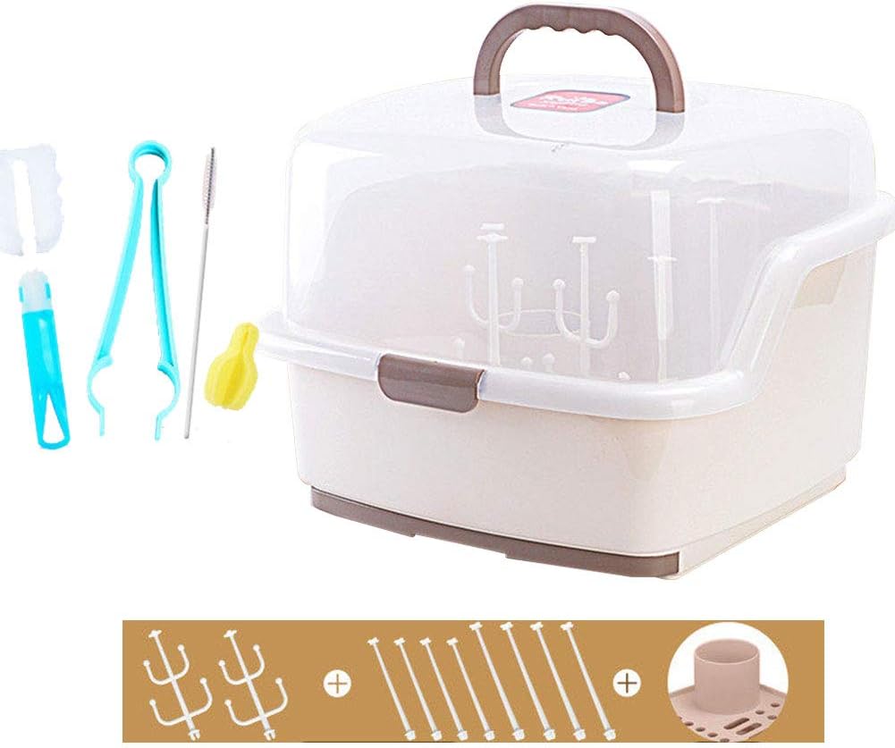 MOCOHANA Portable Baby Bottle Drying Rack with Anti-Dust Cover Nursing Bottles Storage Box Dinnerware Organizer (Khaki)