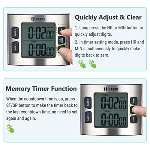 Habor Kitchen Timer for Coooking, Digital Dual Cooking Timer with Calendar Clock, 4-Level Adjustable Alarm Volume, Larger Backlit Display, Stronger Magnets, Count-up & Countdown for Cooking Study Exer