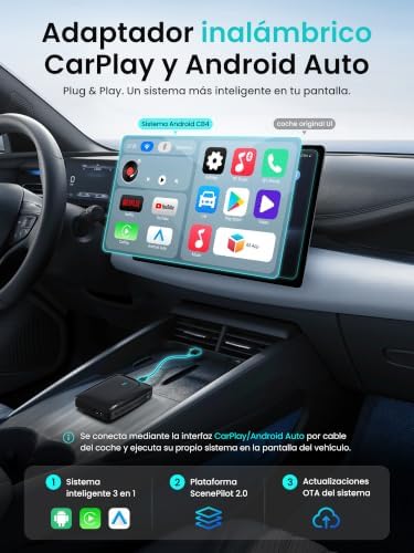 Adaptador CarPlay Inalámbrico Android Auto, AI Box CarPlay Video 3 en 1 para Cable OEM CP/AA, 4G+32G, Doble WiFi y Concentrador Bluetooth IoT, para Netflix/Youtube/TikTok, DriveChat AI Voice, CB4B