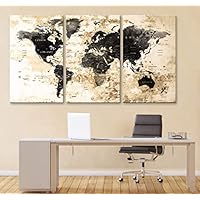 Original by BoxColors LARGE 30"x 60" 3 panels 30x20 Ea Art Canvas Print Watercolor Black Beige Map World Push Pin Travel cities Wall home office decor (framed 1.5" depth) M1827