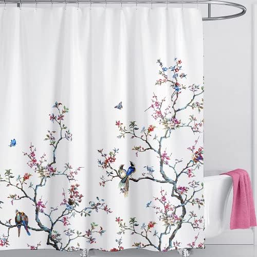 LIVETTY White Bird Extra Long Shower Curtain 200cm × 200cm Drop Floral Butterfly Fabric Bathroom Mould Proof Spring Washable Shower Curtain With 12 Hooks