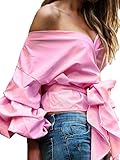 Simplee Apparel Women's Off Shoulder V Neck Wrap Blouse Shirt Waist Tie, Pink, 8/10 (Large)