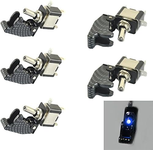 Etopars 5 X 12V 20A Carbon Fiber Cover Blue LED Light Rocker Toggle Switch SPST ON/Off Car Vehicle Boat