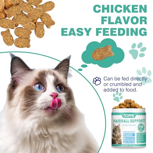 Cat Hairball Remedy Treats, 150 Soft Chews Cat Hair Ball Treatment Furball Control Relief Helps Eliminate and Prevent Hairballs for Indoor Cats Supports Skin and Coat Digestion Chicken Flavor