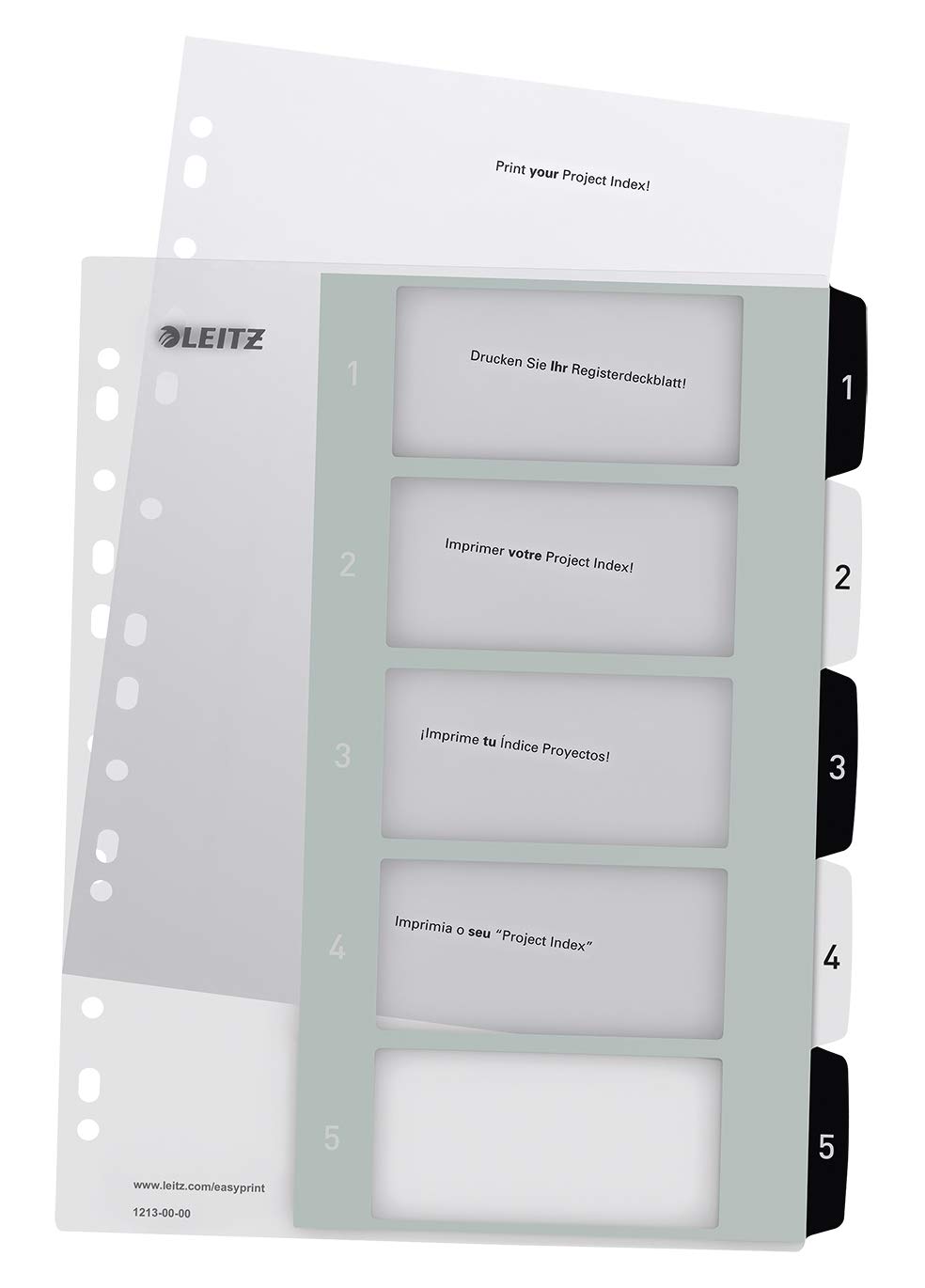 Leitz WOW Printable Index, Extra-Wide, 1-5 Numbered Tabs, PP, A4, White/Black