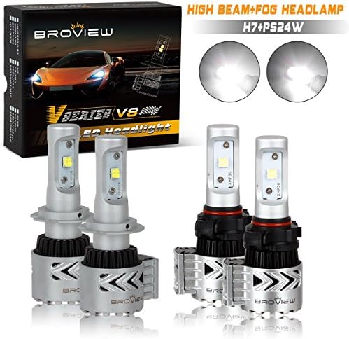 (4pcs)BROVIEW Headlight Combo Kit H7 &amp; PS24W 5202 High Beam &amp; Fog Lights @12000LM 72W 6500K White Cree Chip Bulbs V8 Series