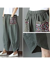 Helisopus Pantalones holgados casuales de algodón y lino para dama, cintura elástica