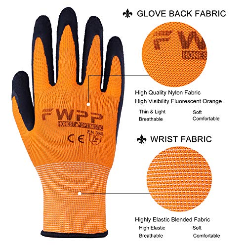 FWPP High Visibility Nylon Latex Foam Coated Work Gloves,Breathable Soft Wearproof Non-slip Comfortable Safety Protective Glove Pack of 6Pairs Large Fluorescence Orange