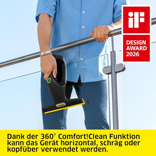 Kärcher WV 2 Universal Precision+ Black Cordless Window Vacuum Cleaner, Battery Life: 35 min, Dirty Water Tank: 120 ml, 2 Suction Nozzles, Spray Bottle with Microfibre Mop Cover, 20 ml Window Cleaner