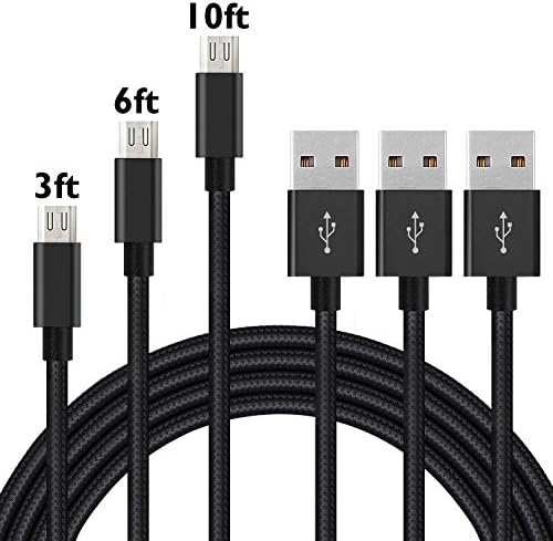 3PCS 3ft/6ft/10ft Black Micro USB Cable,Nylon Braided Extremely Durable Micro USB Cable High Speed USB 2.0 A Male to Micro B Sync and Charging Cables for Samsung and Other Android Smartphone