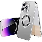 Doulings Magnetic Metal Edge Full Body Military Drop Protection for iPhone 16 Pro Max Case,Compatible with MagSafe,Rugged Built-in Privacy Screen Protector Logo View Shockproof Cover,Silver