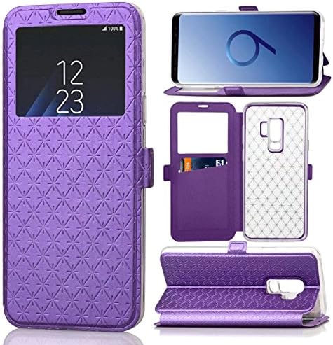 Galaxy S9+ Plus Case, ArtMine Grid Pattern Flip Leather Window View Design Slim Fit Case Cover for Samsung Galaxy S9+ Plus 6.2-inch, Purple