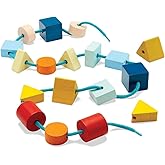 PlanToys® Geo Lacing Beads Wooden Montessori Fine Motor and Early Math Toy | Shape Recognition, Colour Exploration and Hands On Coordination Activity | Eco Friendly Threading Set for Meaningful Play