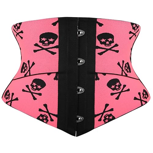 Underbust Corset - Pink Color with Black Skulls Print Corsets - High Elasticity Crazy Sexy Waist Training Cincher for Halloween - Size (S-M)