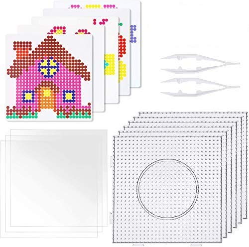 6Pcs 5mm Fuse Beads Pegboards Plastic Large Square Beads Boards with 5Pcs Colorful Cards, 3 Ironing Paper, 2 Beads Tweezers for Kids DIY Craft Beads