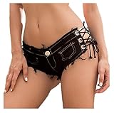 Soojun Women's Low Rise Side Strapss Cheeky Mini Denim Shorts Clubwear, US 0-2, #2 Black