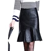 SUNYUESTAR Leather Mini Skirts for Women Trendy High Waisted Fall Winter A Line Bodycon Fishtail Skirt