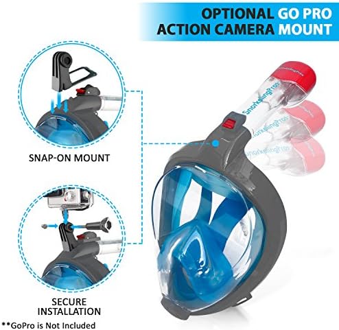 SnorkelingPros Full Face Snorkel Mask with new Anti-fog and Anti-leak design Go Pro action camera Compatible and Panoramic 180 Degree View. Bonus Snorkel Kit included (Dark Grey, S/M)