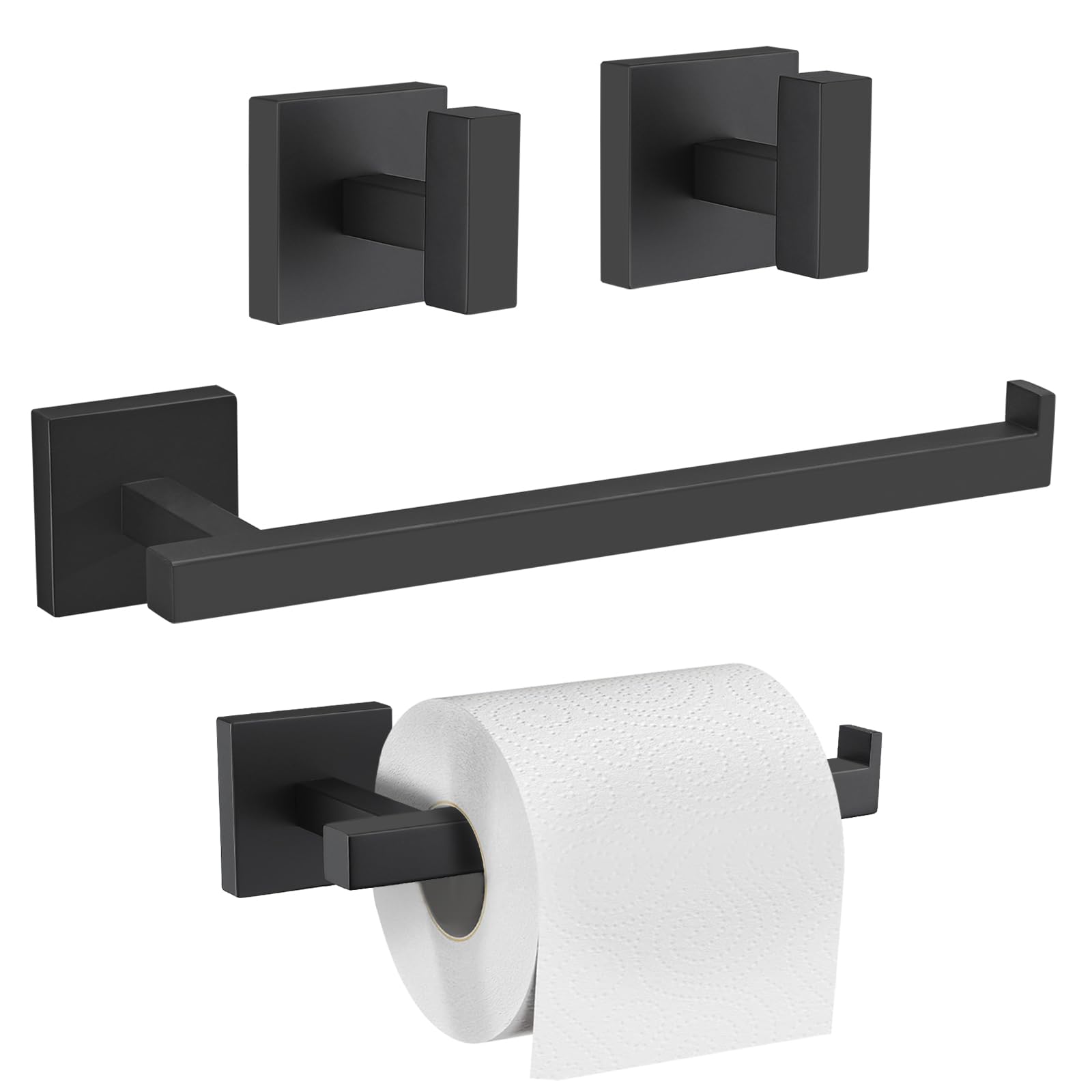 TURS Bathroom Hardware Set, Towel Holder Bar Towel Ring Glossy Stainless Steel Towel Bars Hand Towel Hanger Toilet Paper Holder Robe Hooks Wall Mount (Black)