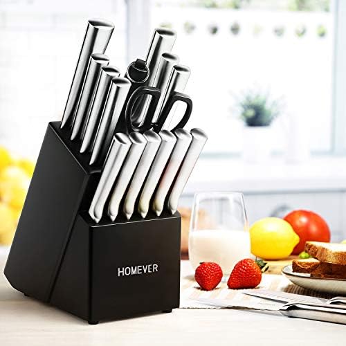 HOMEVER Couteau de Cuisines, 16 Pièces Set Couteaux de Cuisine en Acier Inoxydable avec Bloc en Bois, Ensemble de Couteaux, Couteaux de Chef avec Porte, Bloc de Couteaux pour la Cuisine