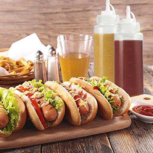 Condiment Squeeze Bottles, OAMCEG 12-Pack 16 oz Durable Plastic Squeeze Squirt Bottle with Discrete Measurements for Ketchup, BBQ, Sauces, Syrup, Condiments, Dressings, Arts and Crafts - BPA Free