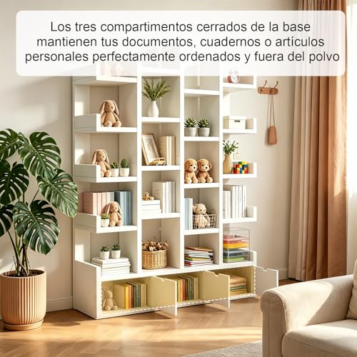 KINTOP Librero Organizador de 5 Niveles, Librero Esquinero con 3 Cajones y 20 Compartimentos, Libreros de Madera Minimalista para Hogar, Oficina y Dormitorio（Blanco 79.3 x 18 x 151 CM）