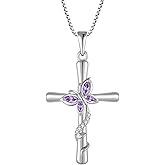 Blaniy Cross Necklace for Women 925 Sterling Silver Butterfly Necklace Birthstone Pendant Created Gemstone Jewelry Gifts for Women