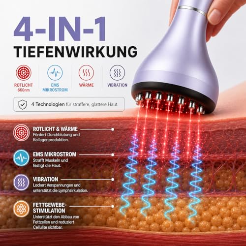 4 in 1 Electric Cellulite Massager, Cellulite Massage Device with 30 EMS Levels, Red Light, Heat & Vibration, Wireless Body Massager for Stomach, Waist, Arms, Legs
