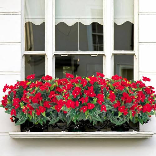 Laelfe Outdoor Artificial Flowers, 2 Packets UV Resistant Artificial Plastic Fake Flowers for Outdoors, Balcony, Garden, Window (Red)