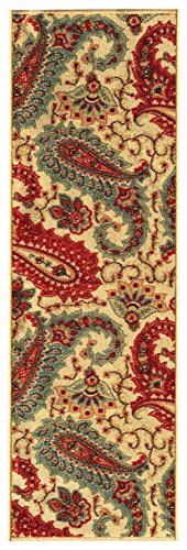 Kapaqua Rubber Backed 20" x 59" Paisley Floral Beige Runner Non-Slip Rug - Rana Collection Kitchen Dining Living Hallway Bathroom Pet Entry Rugs RAN2012-25