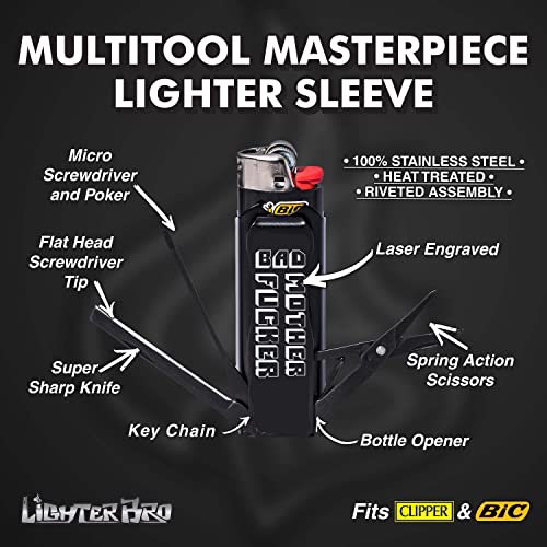 LighterBro BMF - Stainless Steel Sleeve to Transform Your Pocket Lighter - Lighter Case with Poker, Super Sharp Knife & Scissors, Bottle Opener, Screwdrivers, & Keychain Holder